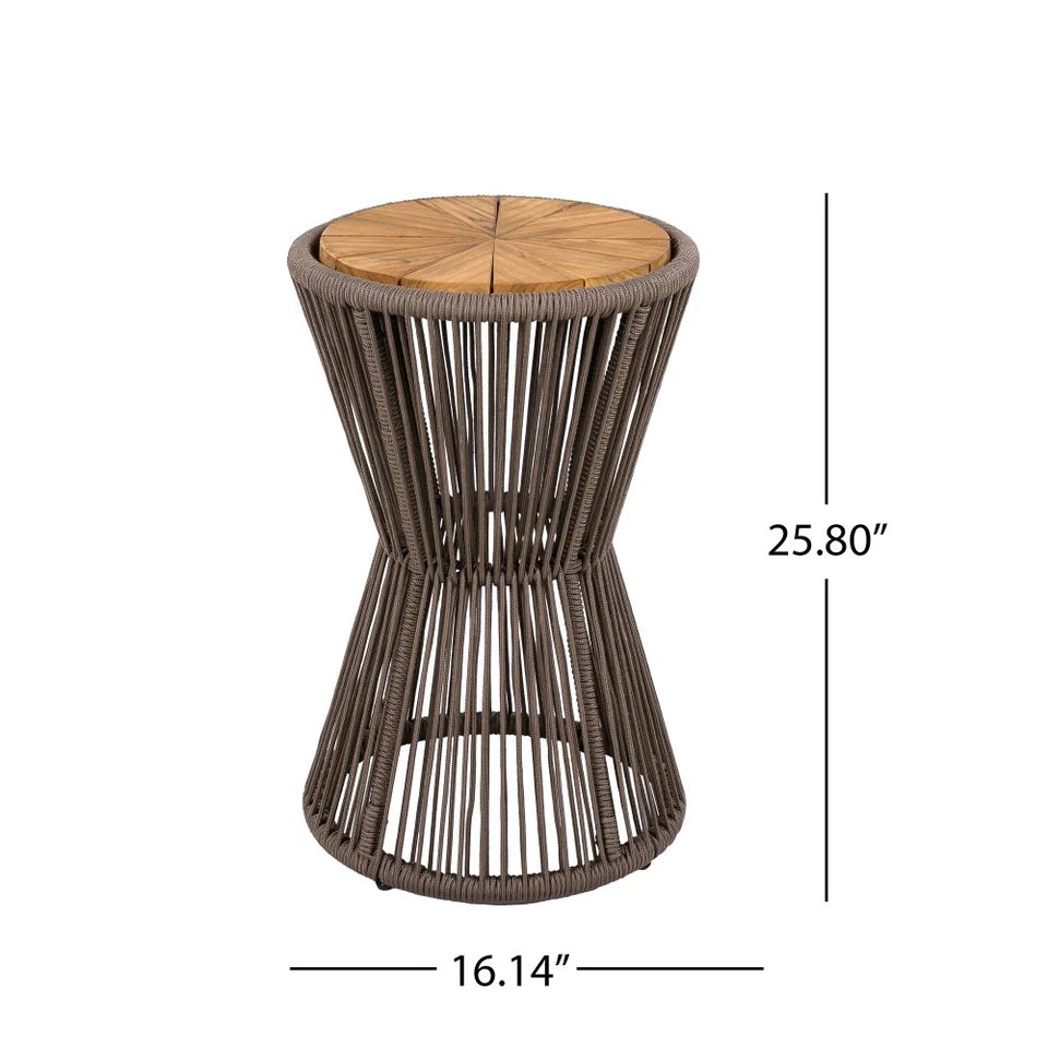 Outdoor Side Table - Dark Grey Rope & Acacia Wood | Hourglass Design, Weather Resistant