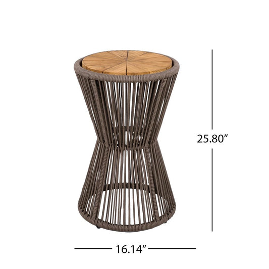 Outdoor Side Table - Dark Grey Rope & Acacia Wood | Hourglass Design, Weather Resistant