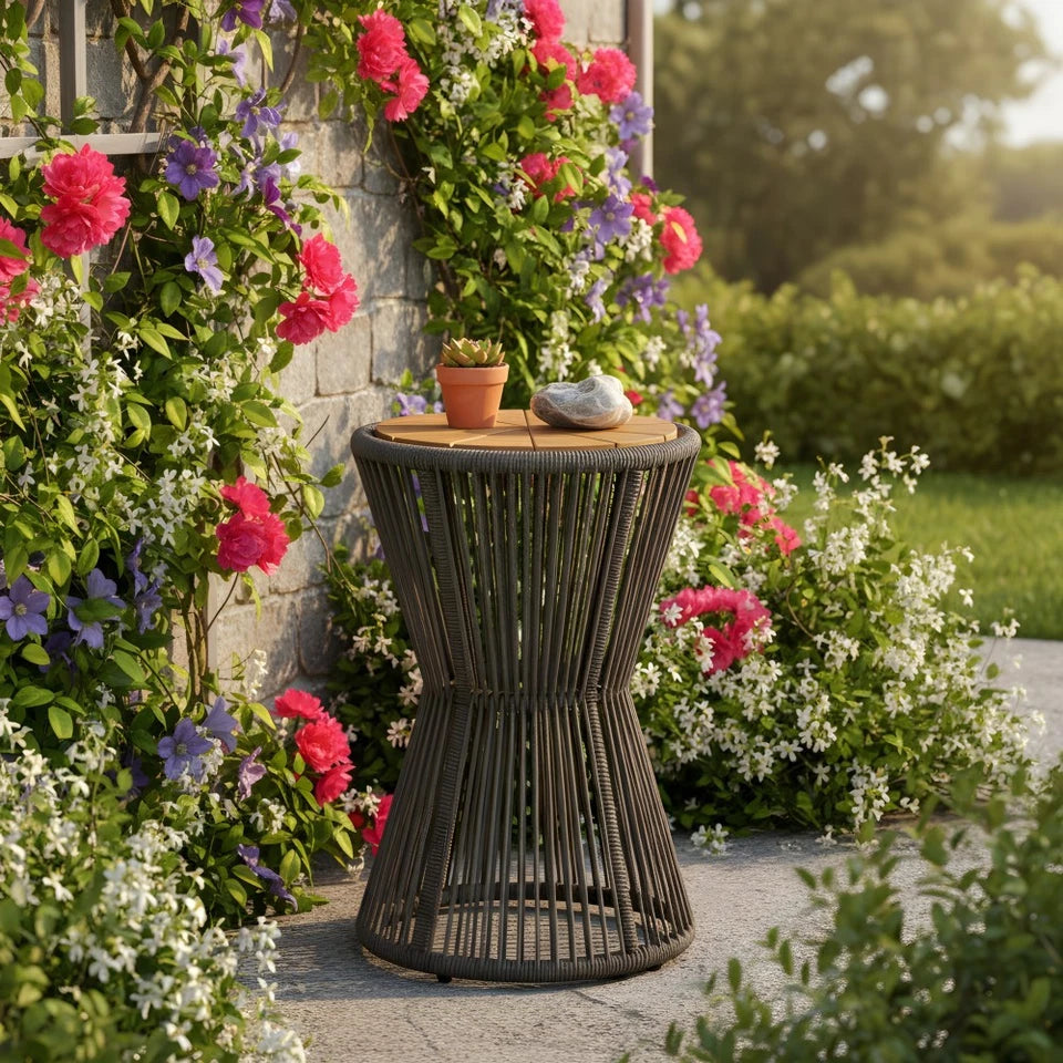Outdoor Side Table - Dark Grey Rope & Acacia Wood | Hourglass Design, Weather Resistant