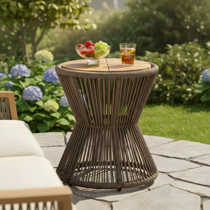 Outdoor Side Table - Dark Grey Rope & Acacia Wood | Hourglass Design, Weather Resistant