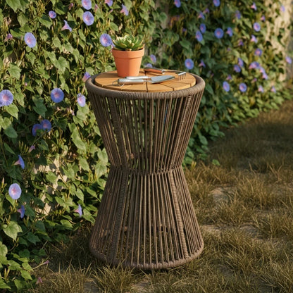 Outdoor Side Table - Dark Grey Rope & Acacia Wood | Hourglass Design, Weather Resistant