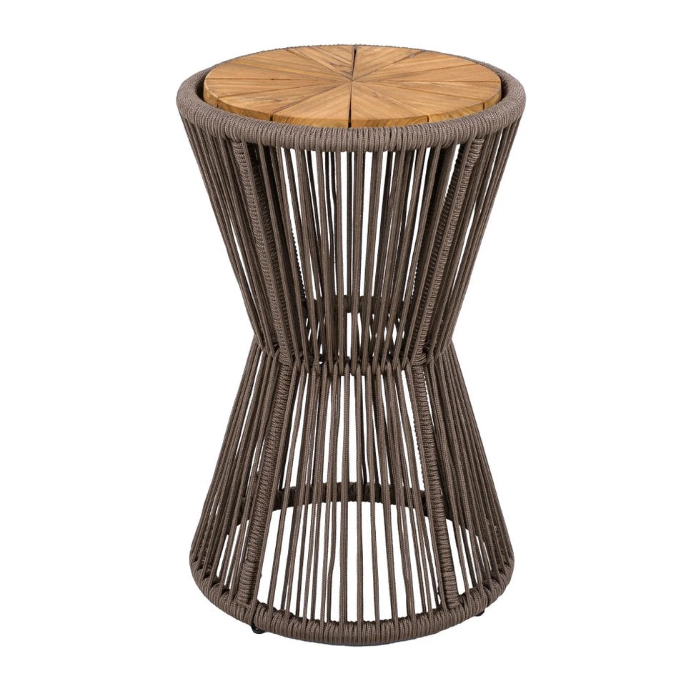 Outdoor Side Table - Dark Grey Rope & Acacia Wood | Hourglass Design, Weather Resistant