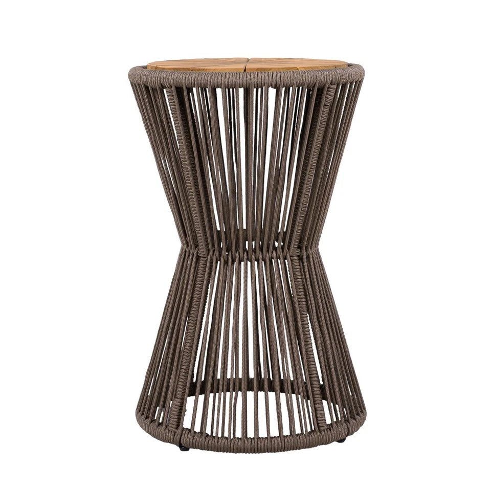 Outdoor Side Table - Dark Grey Rope & Acacia Wood | Hourglass Design, Weather Resistant